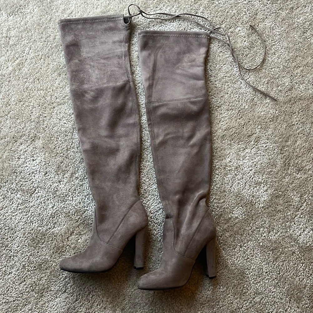 Gorgeous taupe suede over the knee boots